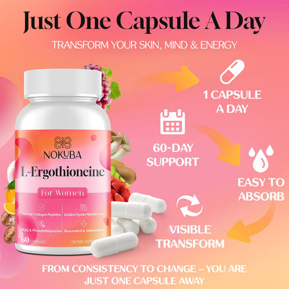Nokuba L-Ergothioneine with Collagen Peptides & Hyaluronic Acid – 11-in-1 Mushroom Supplement for Women | 60 Capsules