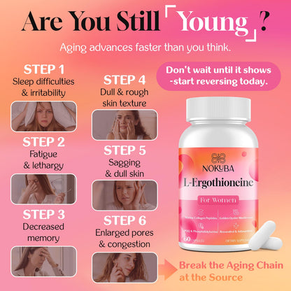 Nokuba L-Ergothioneine with Collagen Peptides & Hyaluronic Acid – 11-in-1 Mushroom Supplement for Women | 60 Capsules
