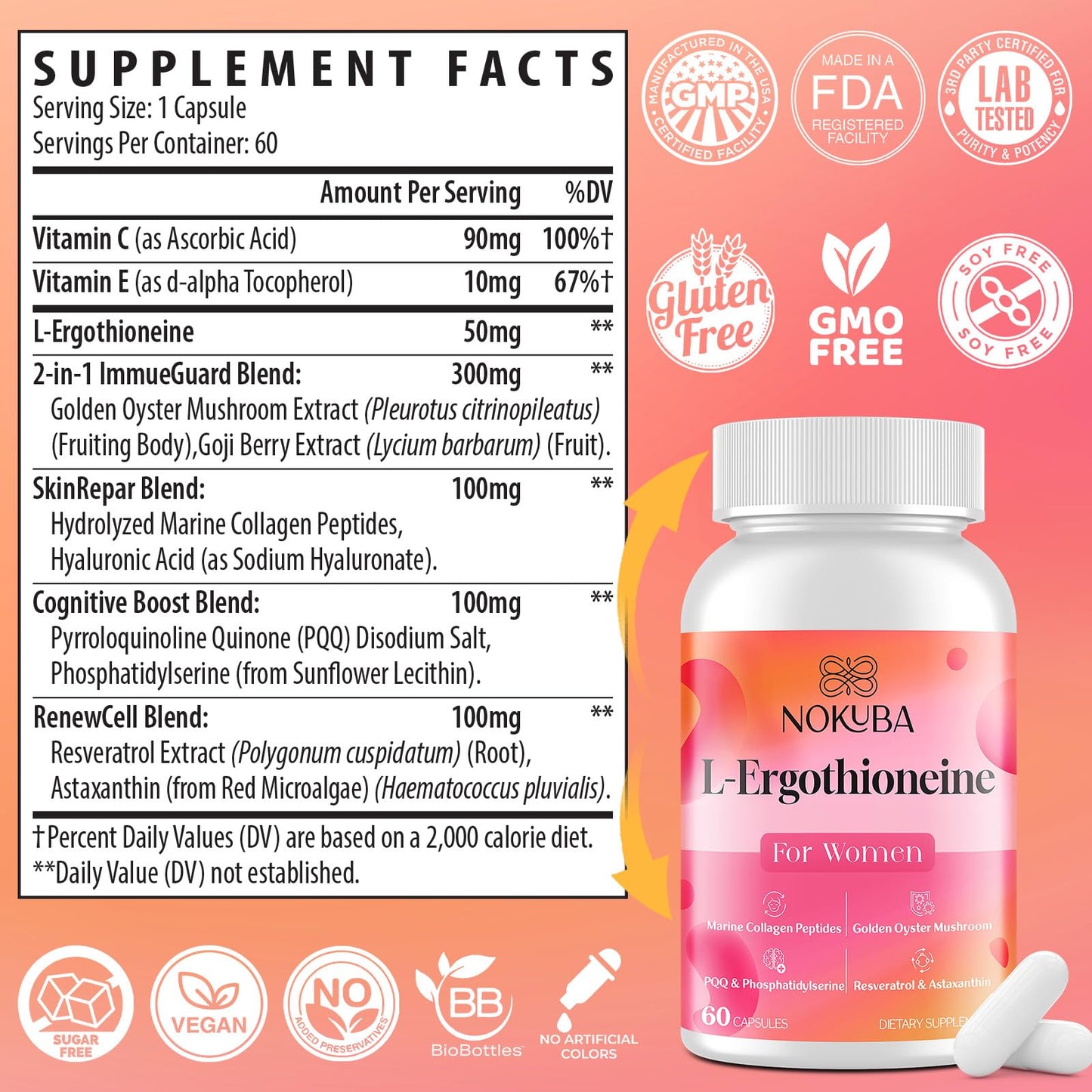 Nokuba L-Ergothioneine with Collagen Peptides & Hyaluronic Acid – 11-in-1 Mushroom Supplement for Women | 60 Capsules