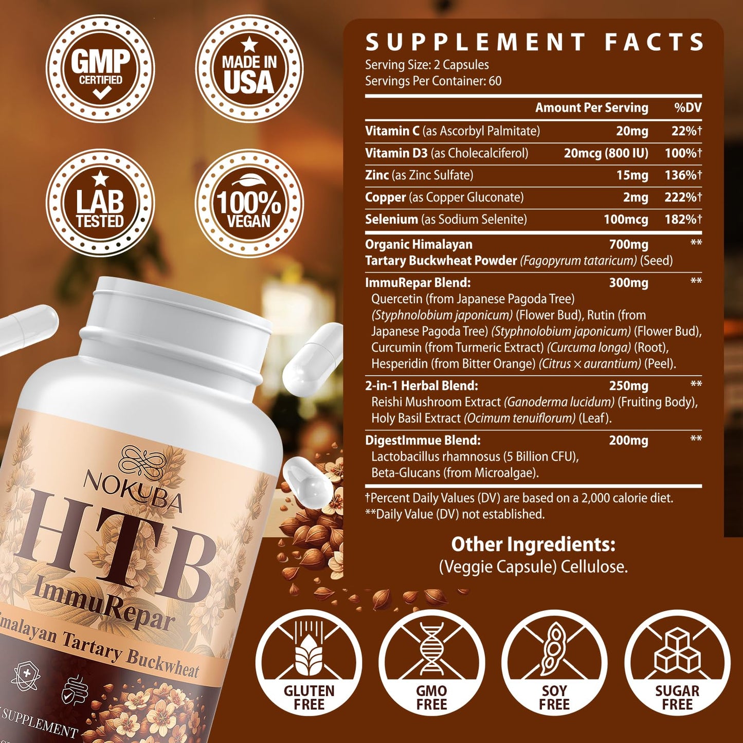 Nokuba Immune Support - Himalayan Tartary Buckwheat, Quercetin, Zinc, Vitamin C & D3 | 120 Vegan Capsules