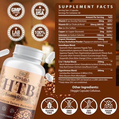 Nokuba Immune Support - Himalayan Tartary Buckwheat, Quercetin, Zinc, Vitamin C & D3 | 120 Vegan Capsules
