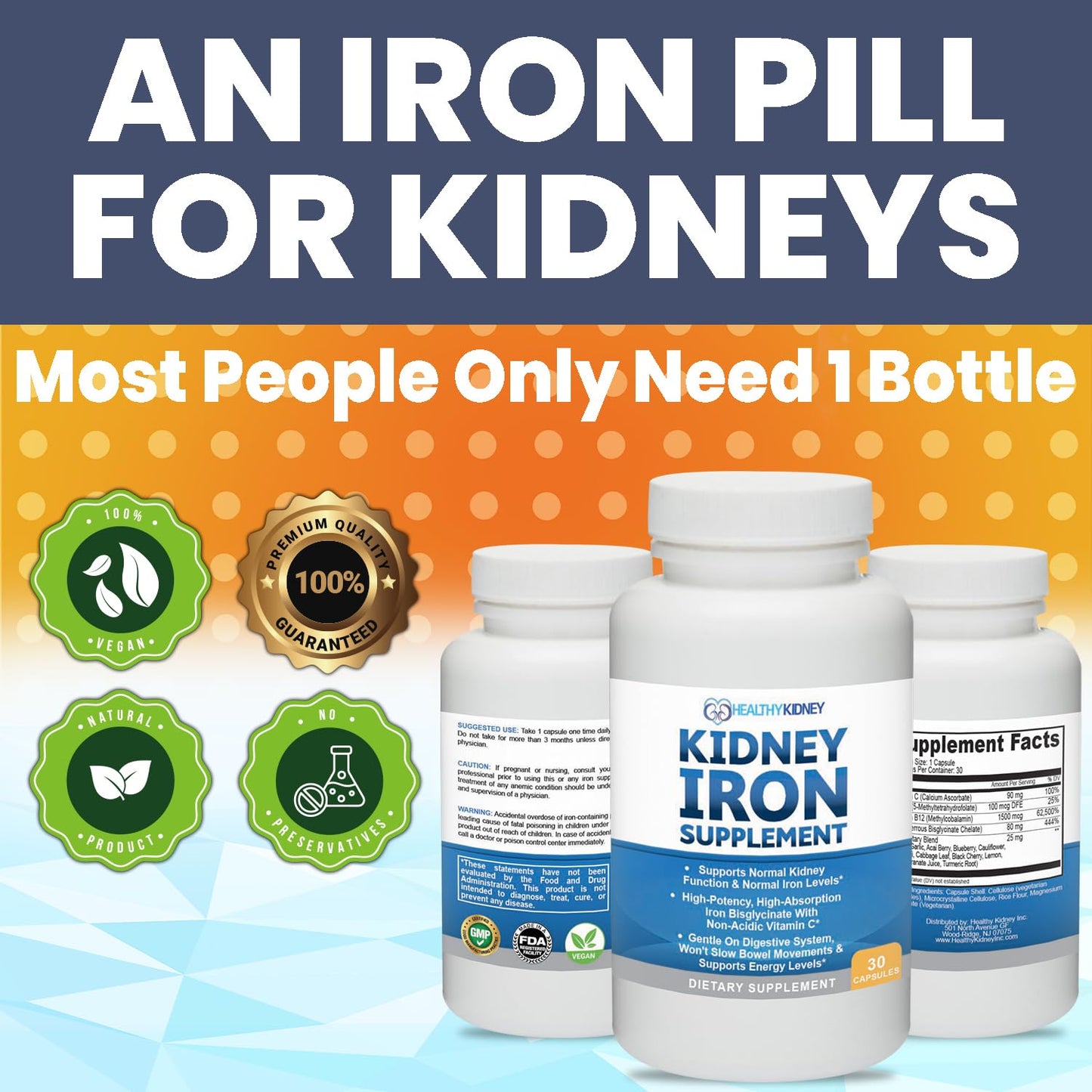 Kidney Iron Supplement Pills for Kidney Health – High-Absorption Iron Bis-Glycinate (30 Capsules)