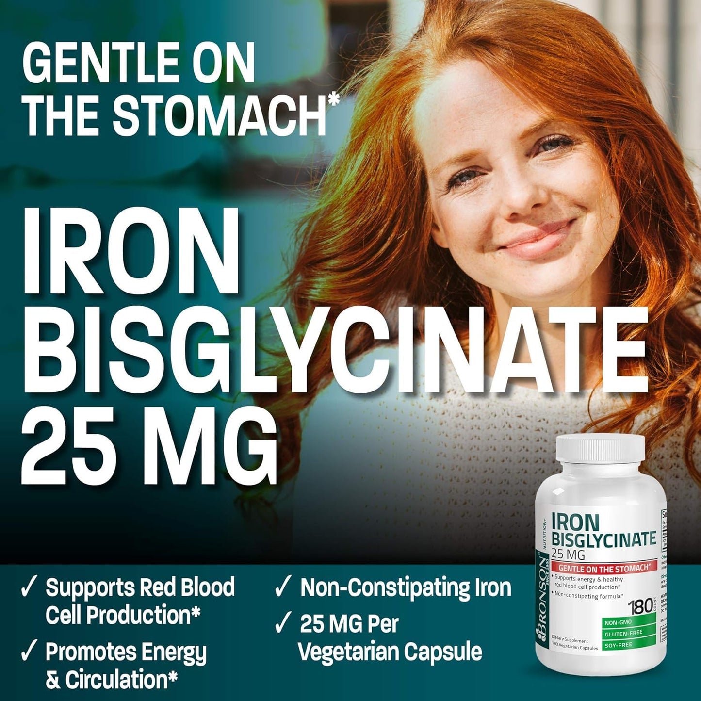 Bronson Iron Bisglycinate 25 mg – Gentle on the Stomach, 90 Vegetarian Capsules