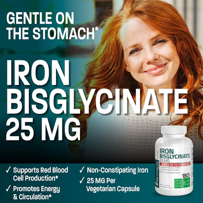 Bronson Iron Bisglycinate 25 mg – Gentle on the Stomach, 90 Vegetarian Capsules