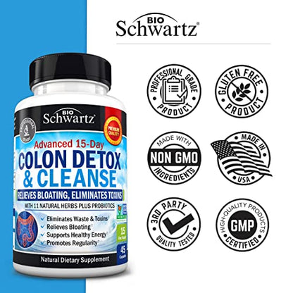 Colon Cleanser and Detox for Digestive Support – 15 Day Fast-Acting Extra Strength Cleanse (Non-GMO, 45 Count)