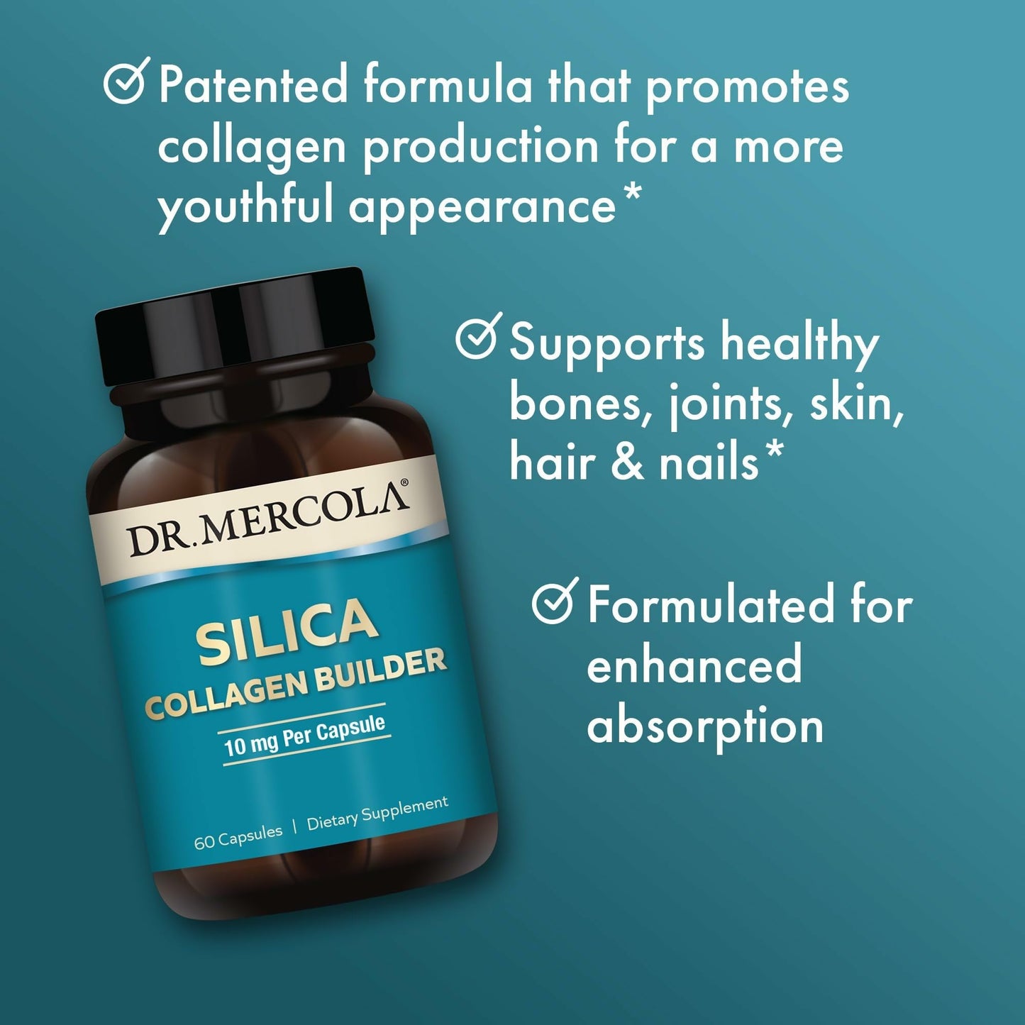 Dr. Mercola Silica Collagen Builder - Plant-Based Silica Supplement to Support Skin, Hair, Nail & Bone Health - Non-GMO, Gluten-Free & Soy-Free - 60 Capsules (60 Servings)