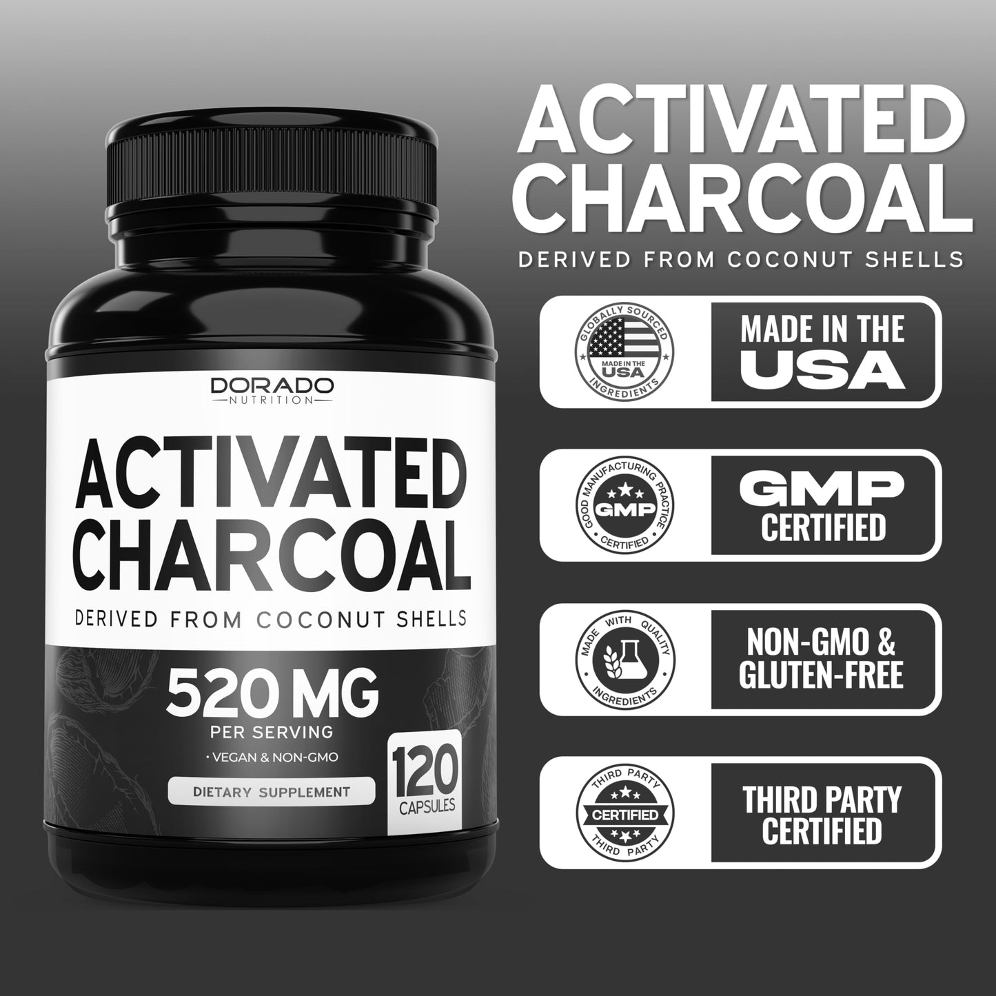Organic Activated Charcoal Pills – 120 Capsules, 520mg per Serving – USA Made