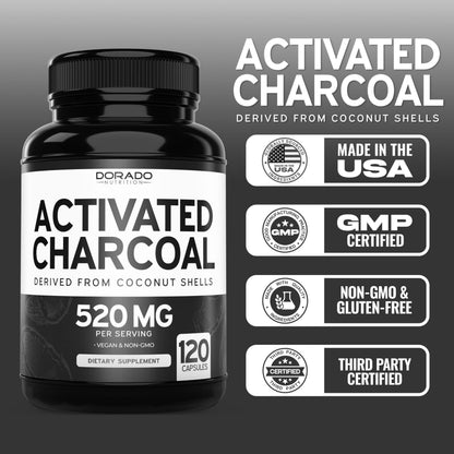 Organic Activated Charcoal Pills – 120 Capsules, 520mg per Serving – USA Made