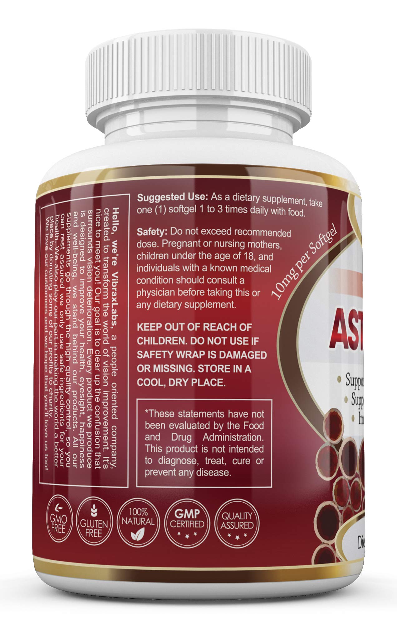 Astaxanthin 10mg Supplement | Pure Antioxidant from Microalgae | 120 Softgels
