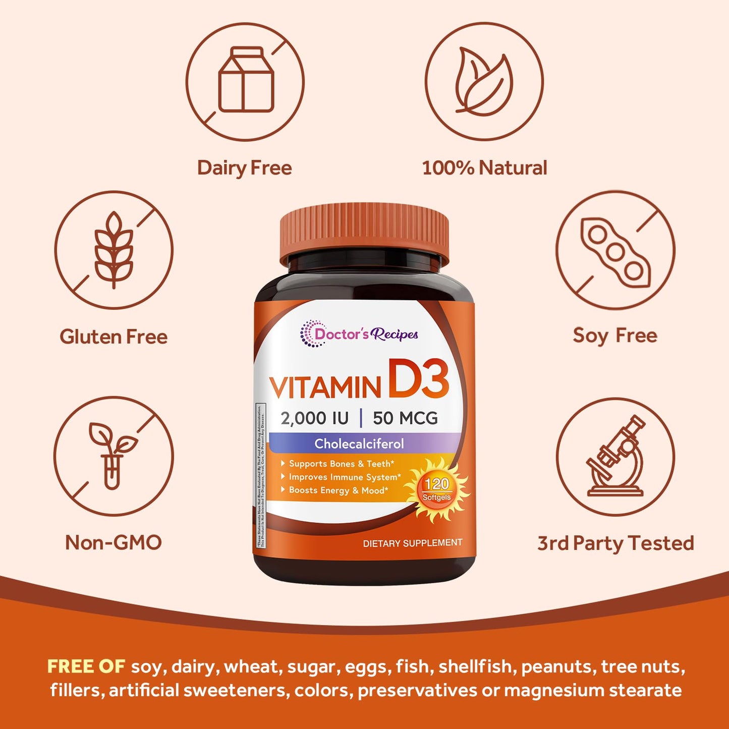 Doctor's Recipes Vitamin D3 2000 IU – 120 Softgels, Non-GMO
