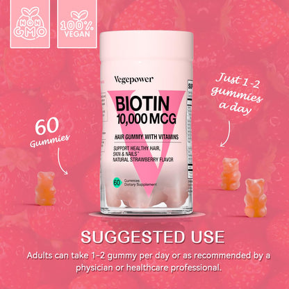 Biotin Gummies 10000mcg - Vegan Hair Growth Gummies for Women & Girls | Strawberry, Non-GMO, 120 Bears
