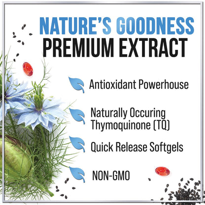 Black Seed Oil Softgels 1000mg - Premium Nigella Sativa Blackseed, Immune Support & Skin Health