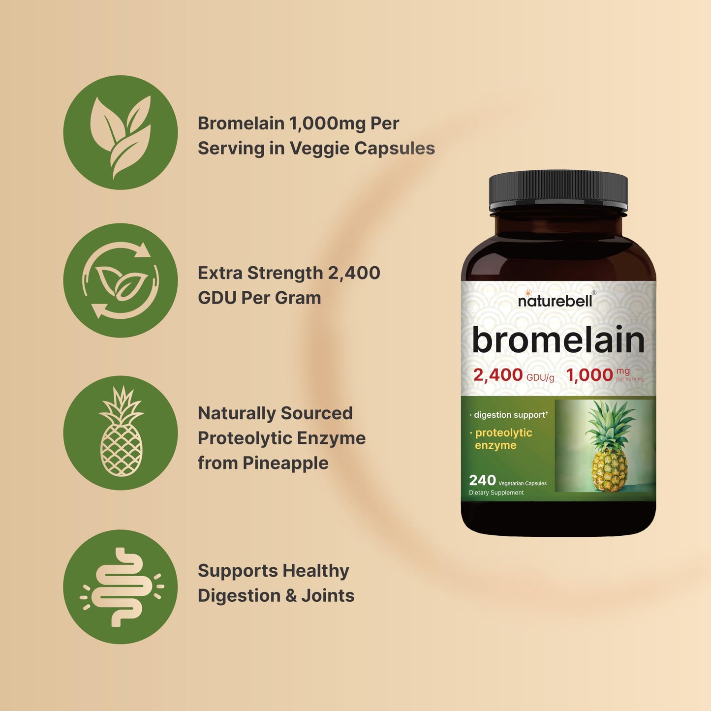 NatureBell Bromelain 1,000mg per Serving | 240 Veggie Capsules | 2,400 GDU | Digestive Enzymes & Joint Support