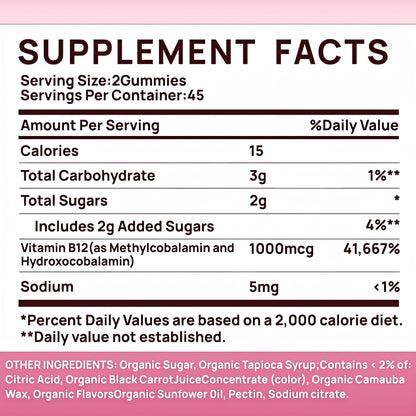 Cherry Flavored Vegan B12 1000 mcg Methylcobalamin | 90 Gummies