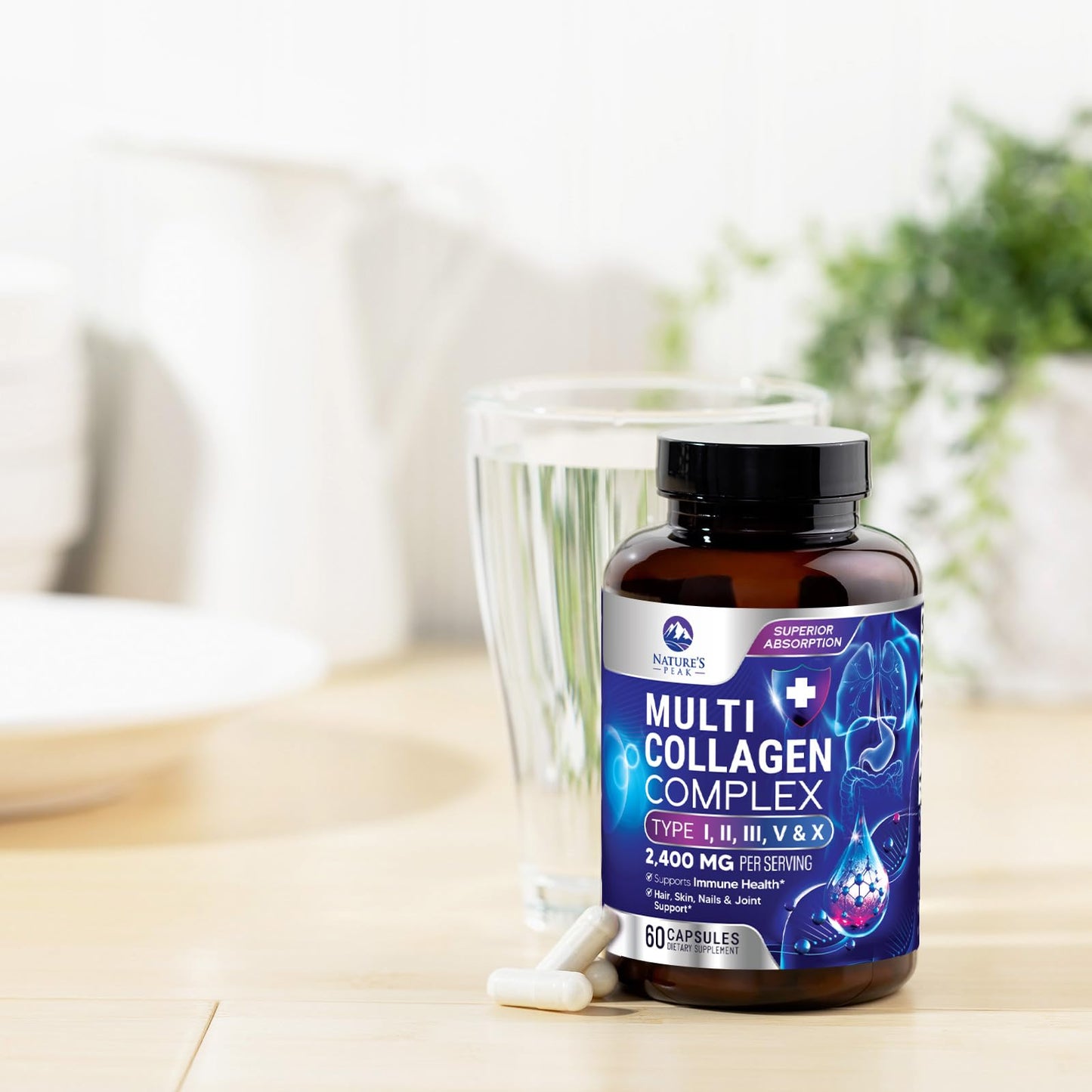 Multi Collagen Peptides – Hair, Skin, Nails | Types I, II, III, V, X | 60 Capsules