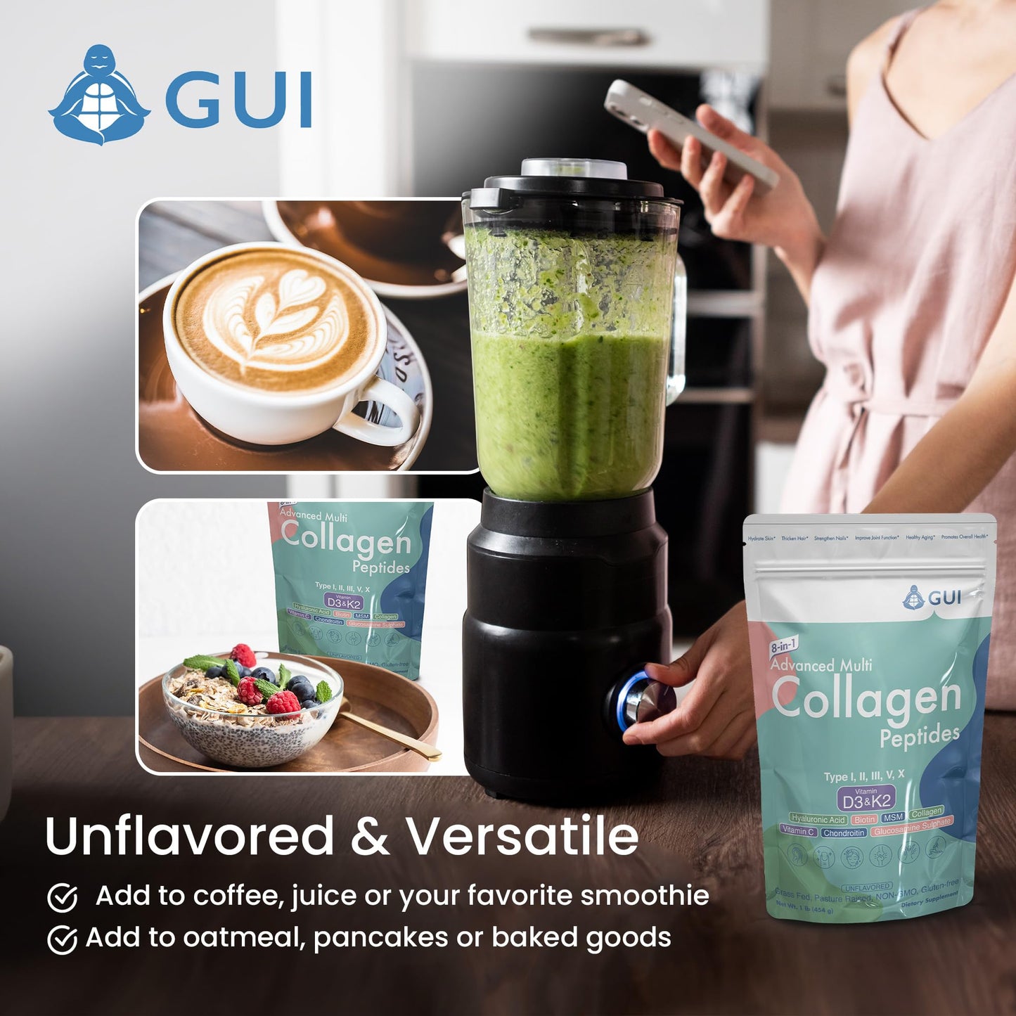 8in1 Advanced Multi Collagen Peptides 16oz – Hydrolyzed Type I/II/III/V/X Collagen + Vitamin D3 & K2
