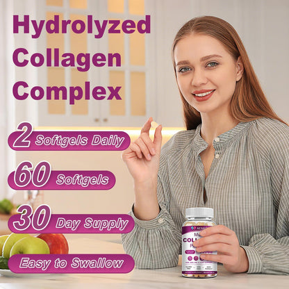 Multi Collagen Peptides Softgels – Types I, II, III, V, X – Biotin, Vitamin C & Hyaluronic Acid – Skin, Hair, Nails & Joints – Non-GMO, 60 Softgels