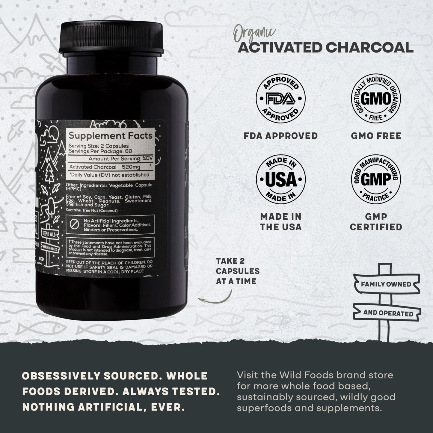 Wild Foods Activated Charcoal Capsules – 100% Organic Coconut Shells, Made in USA (120 Ct)