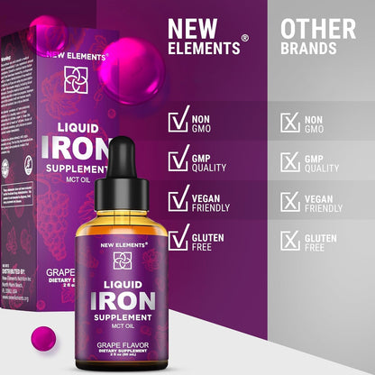 Iron Supplement for Women & Men – Liquid Drops (2oz) with MCT Oil, Natural Grape Flavor, Immune Support