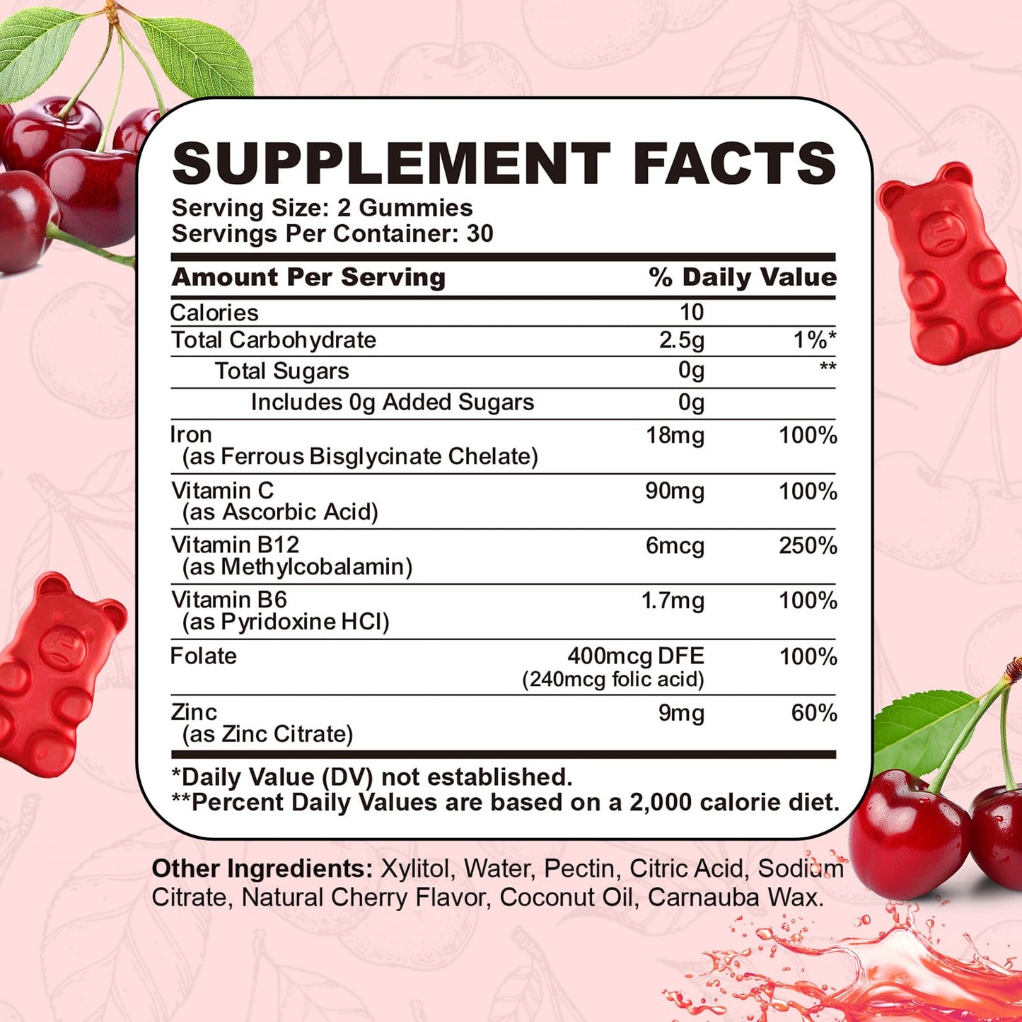 Iron Gummies for Adults & Kids – Cherry Flavor, Ferrous Bisglycinate