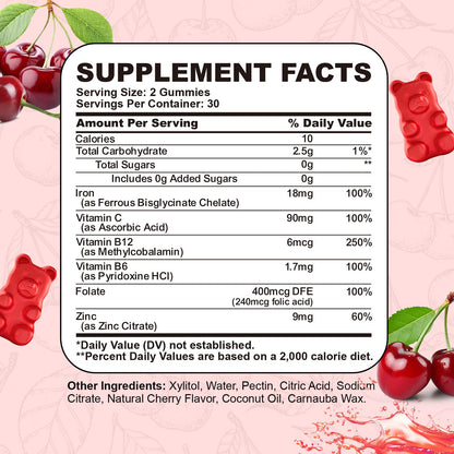 Iron Gummies for Adults & Kids – Cherry Flavor, Ferrous Bisglycinate