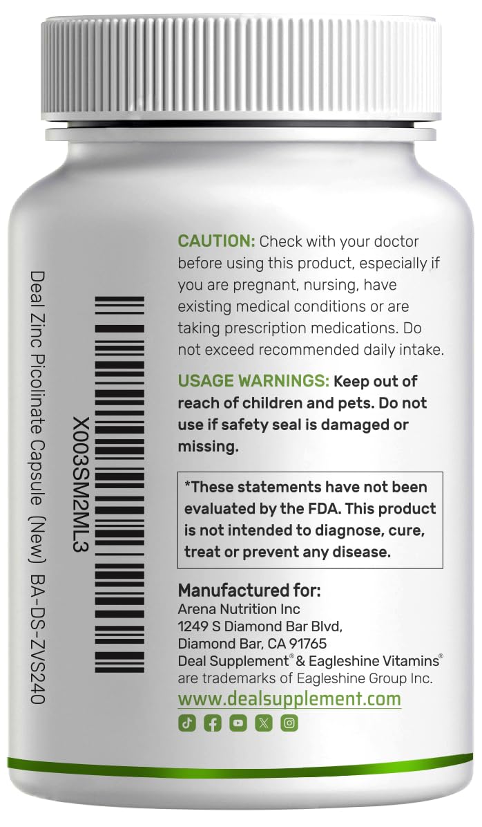 Zinc Picolinate 50mg with Selenium & Copper – 240 Capsules (8 Months) | Immune Support