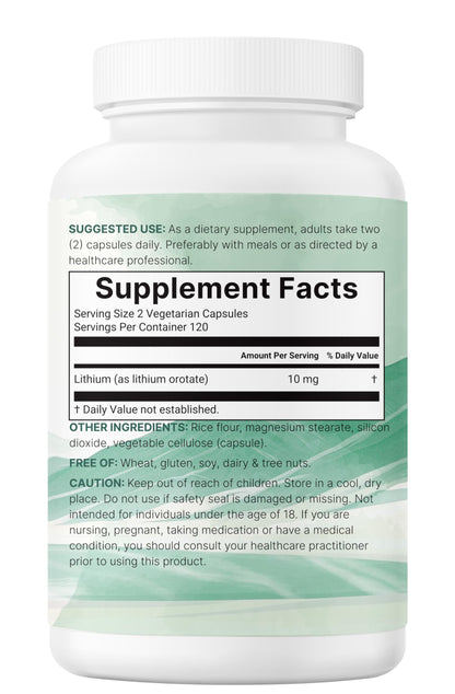 Lithium Orotate 10mg | 240 Veggie Capsules | High Bioavailability | Non-GMO, Gluten Free