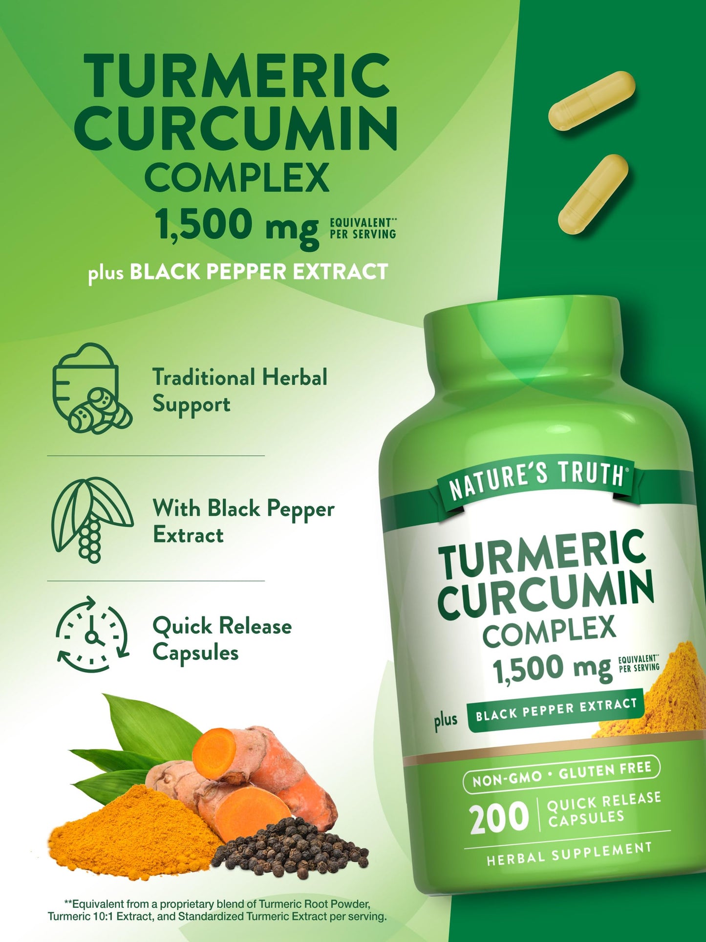 Nature’s Truth Turmeric Curcumin Complex 1500mg – 200 Capsules with Black Pepper