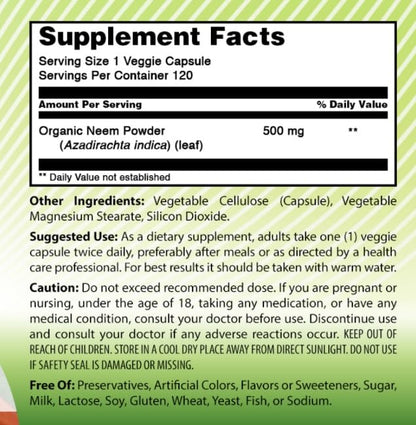 Amazing India Neem 500mg Supplement - 120 Veggie Capsules | Non-GMO, Gluten-Free, Made in USA