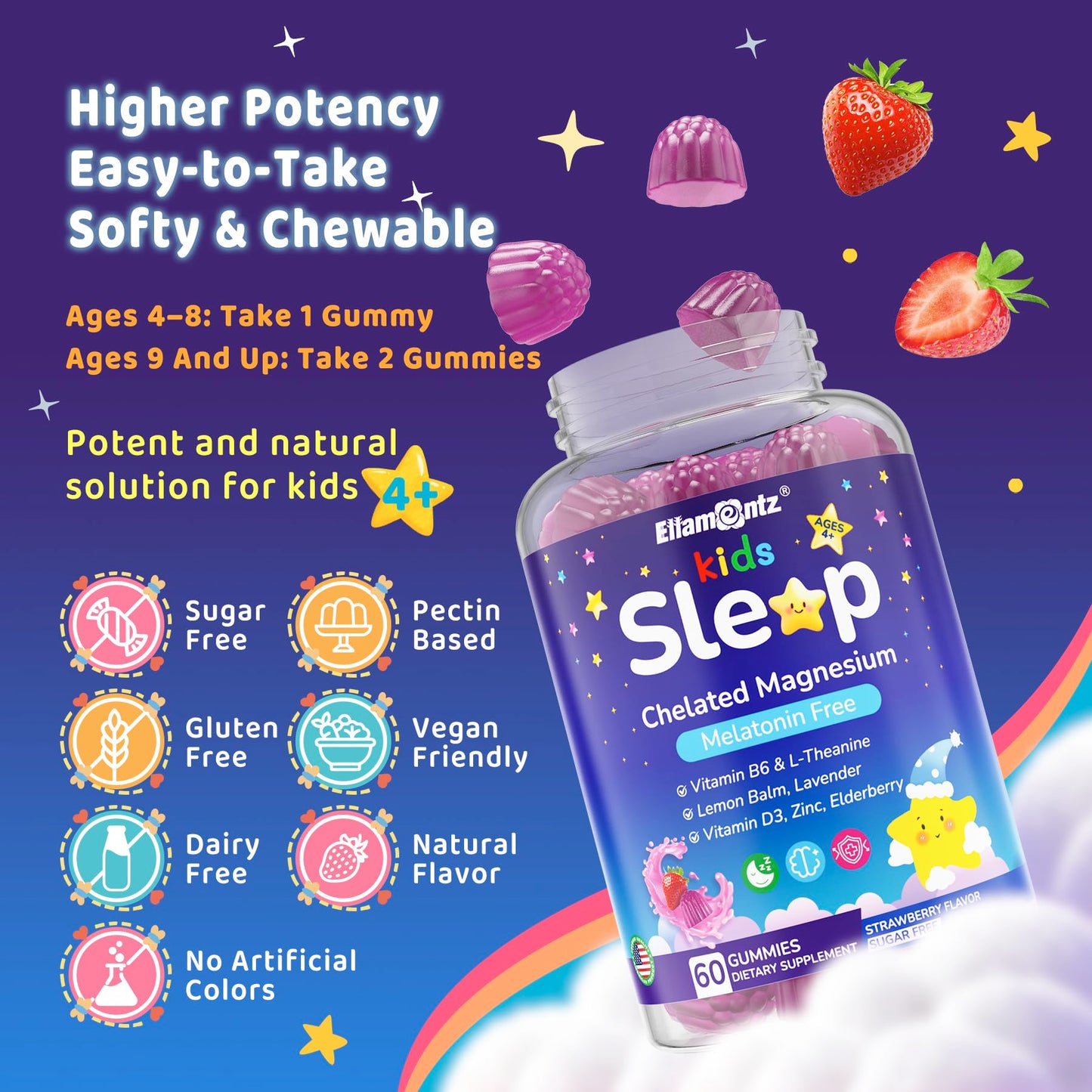 Kids Sleep Gummies - No Melatonin with Magnesium Glycinate, L-Theanine, Zinc & D3K2 | Immune Support