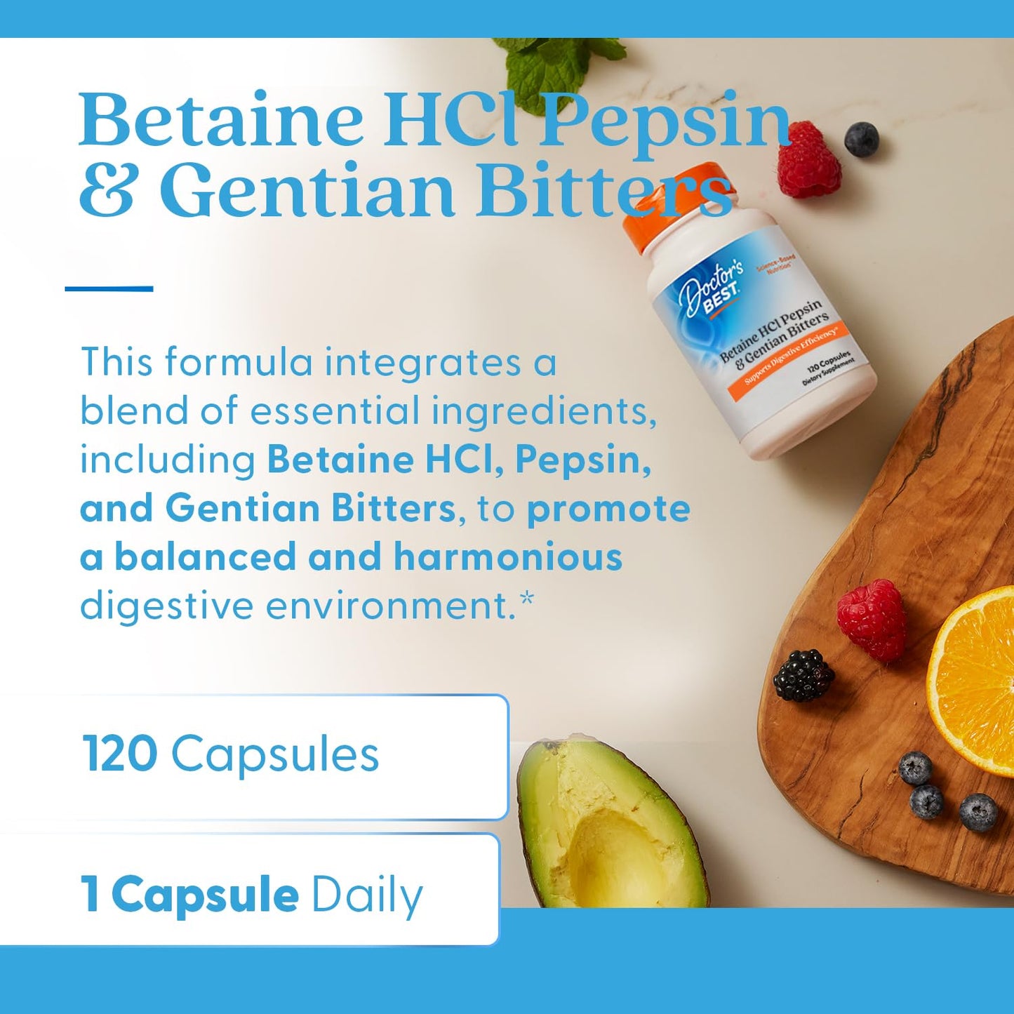 Doctor's Best Betaine HCl Pepsin & Gentian Bitters – Digestive Enzymes, 120 Caps, Non-GMO, Gluten Free | Original Version
