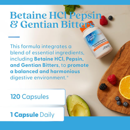 Doctor's Best Betaine HCl Pepsin & Gentian Bitters – Digestive Enzymes, 120 Caps, Non-GMO, Gluten Free | Original Version