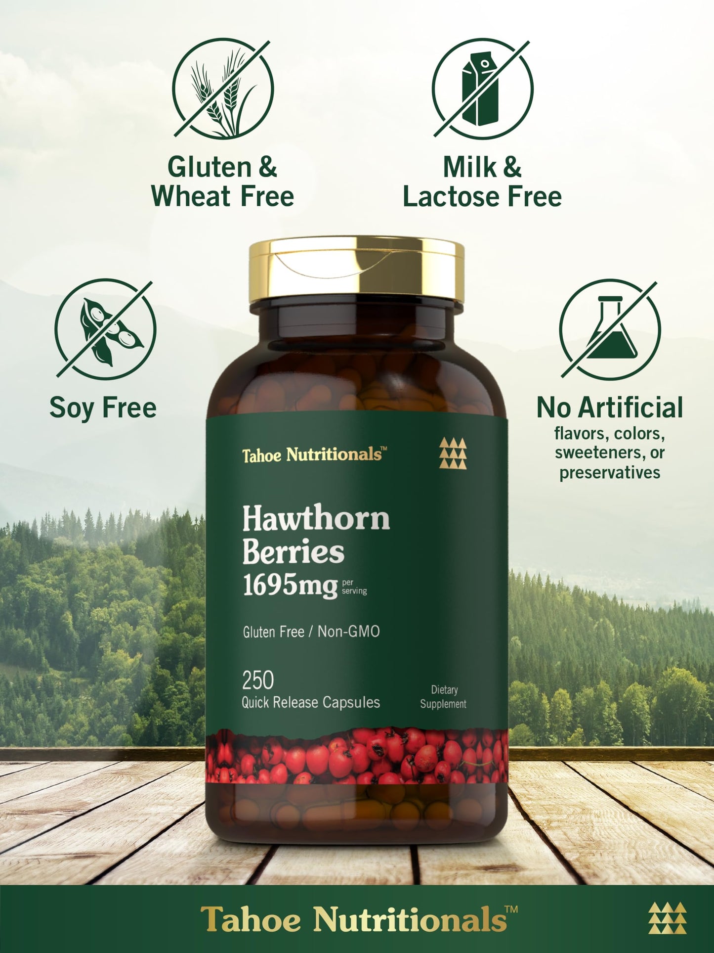 Tahoe Nutritionals Hawthorn Berry Capsules – 1695 mg per Serving, 250 Count – Non-GMO, Gluten Free