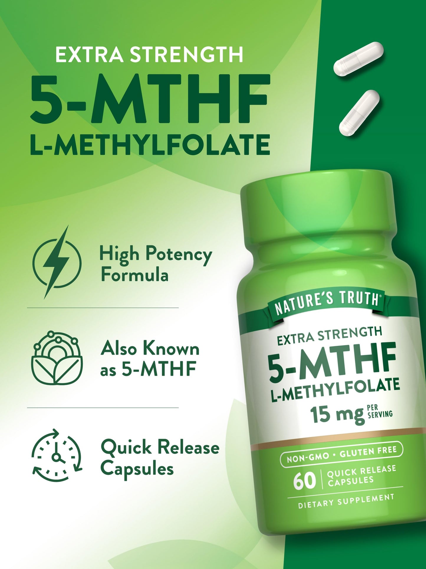 Nature's Truth L-Methylfolate 15mg | 60 Capsules | Non-GMO & Gluten Free | Extra Strength