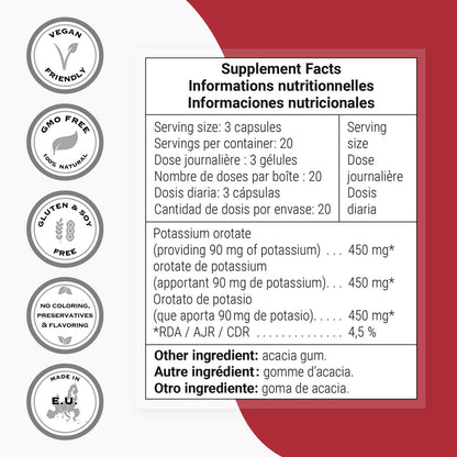 SuperSmart Potassium Orotate Supplement 450mg per Day (Enhanced Absorption) - Potassium with Orotic Acid | Non-GMO & Gluten Free - 60 Vegetarian Capsules