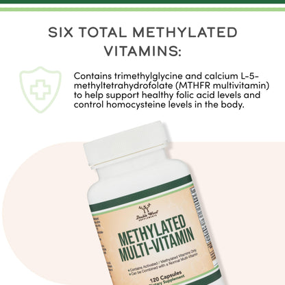 Methylated Multivitamin with Methylfolate & TMG - Non-GMO, Gluten Free MTHFR Supplement | Double Wood, 120 Capsules