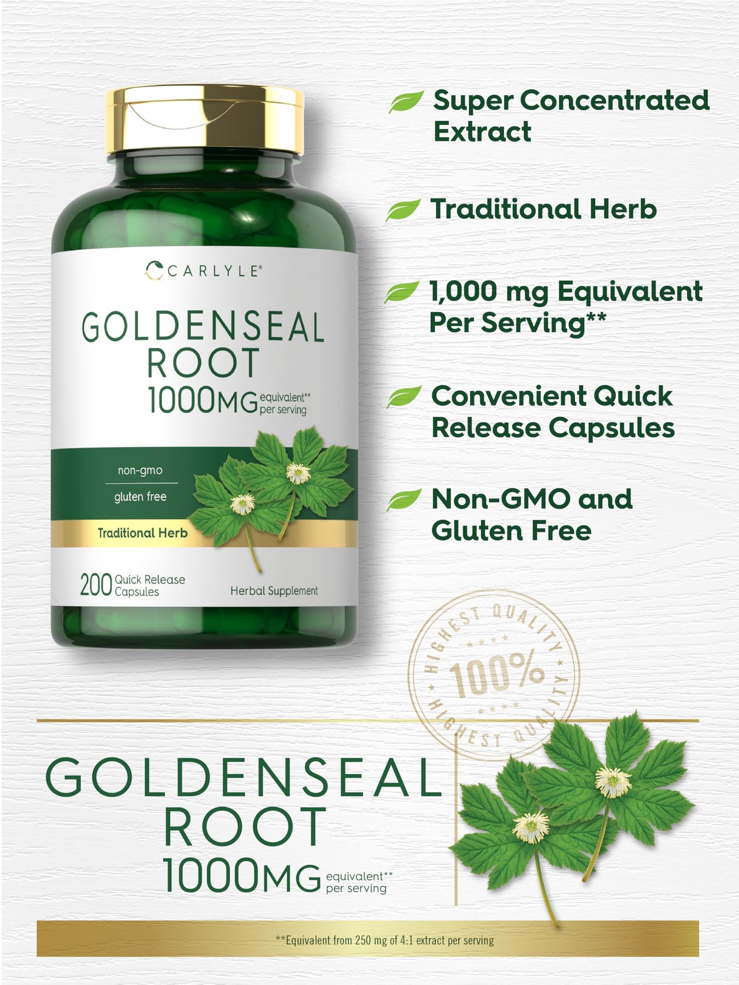 Carlyle Goldenseal Root Capsules 1000mg - 200 Count | Non-GMO & Gluten Free | Traditional Herb Supplement