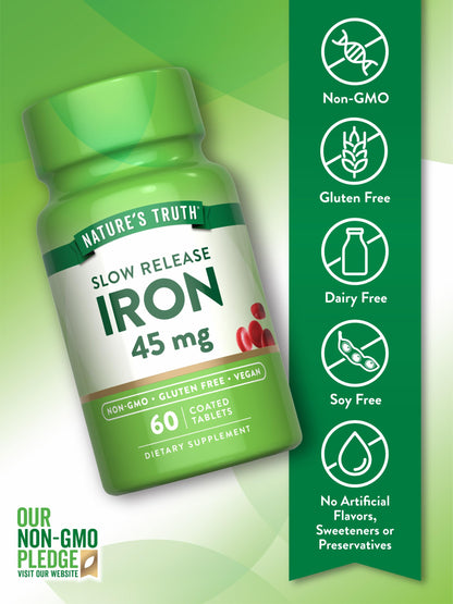 Nature's Truth Iron Supplement – 45 mg, 60 Pills, Ferrous Sulfate | Non-GMO & Gluten Free