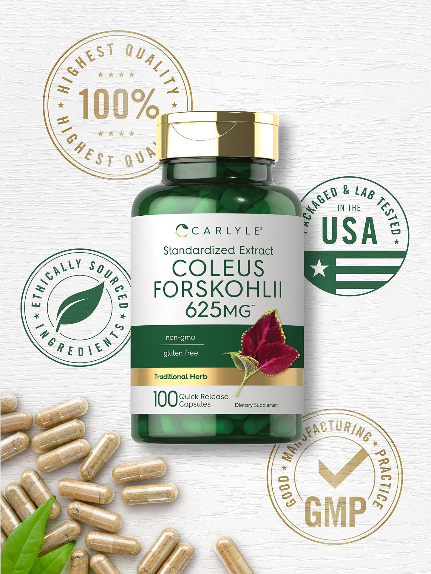 Carlyle Coleus Forskohlii Capsules | 625mg | 100 Count | Non-GMO & Gluten Free Standardized Extract | Forskolin Supplement