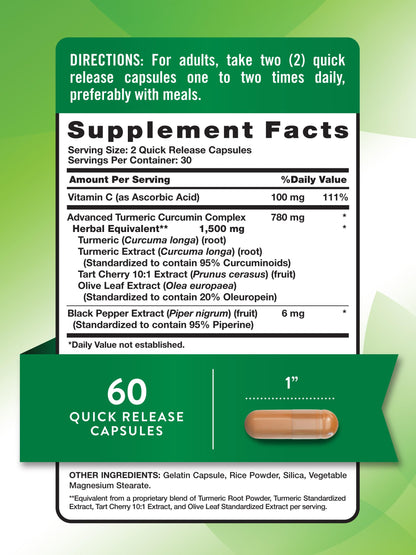 Nature's Truth Turmeric Curcumin 1500 mg – 60 Capsules | Black Pepper, Olive Leaf & Tart Cherry | Non-GMO & Gluten Free