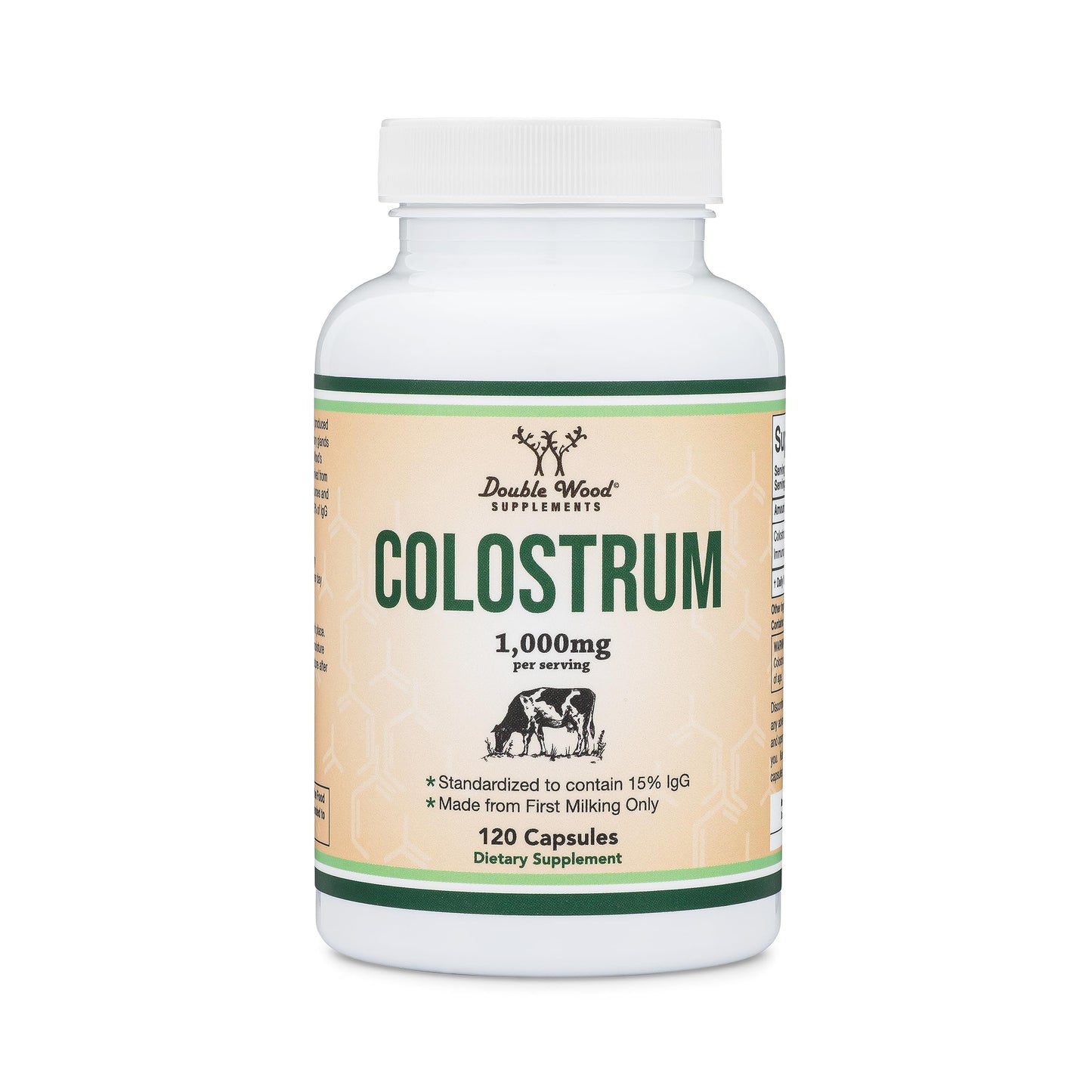 Colostrum Supplement 120 Capsules, 1,000mg per Serving | First Milking Bovine Colostrum (15% IgG) | No Fillers | Third-Party Tested by Double Wood