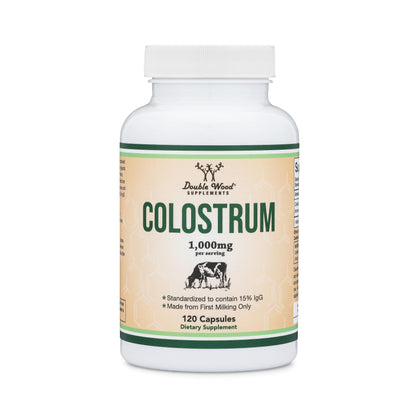 Colostrum Supplement 120 Capsules, 1,000mg per Serving | First Milking Bovine Colostrum (15% IgG) | No Fillers | Third-Party Tested by Double Wood