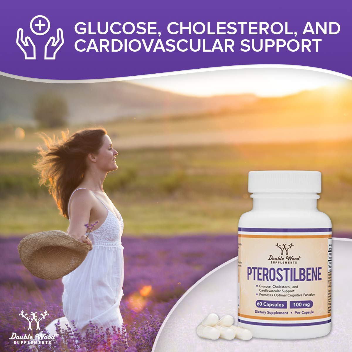Pterostilbene 100mg Capsules – 60 Count | Non-GMO, Gluten Free | Third-Party Tested | Double Wood