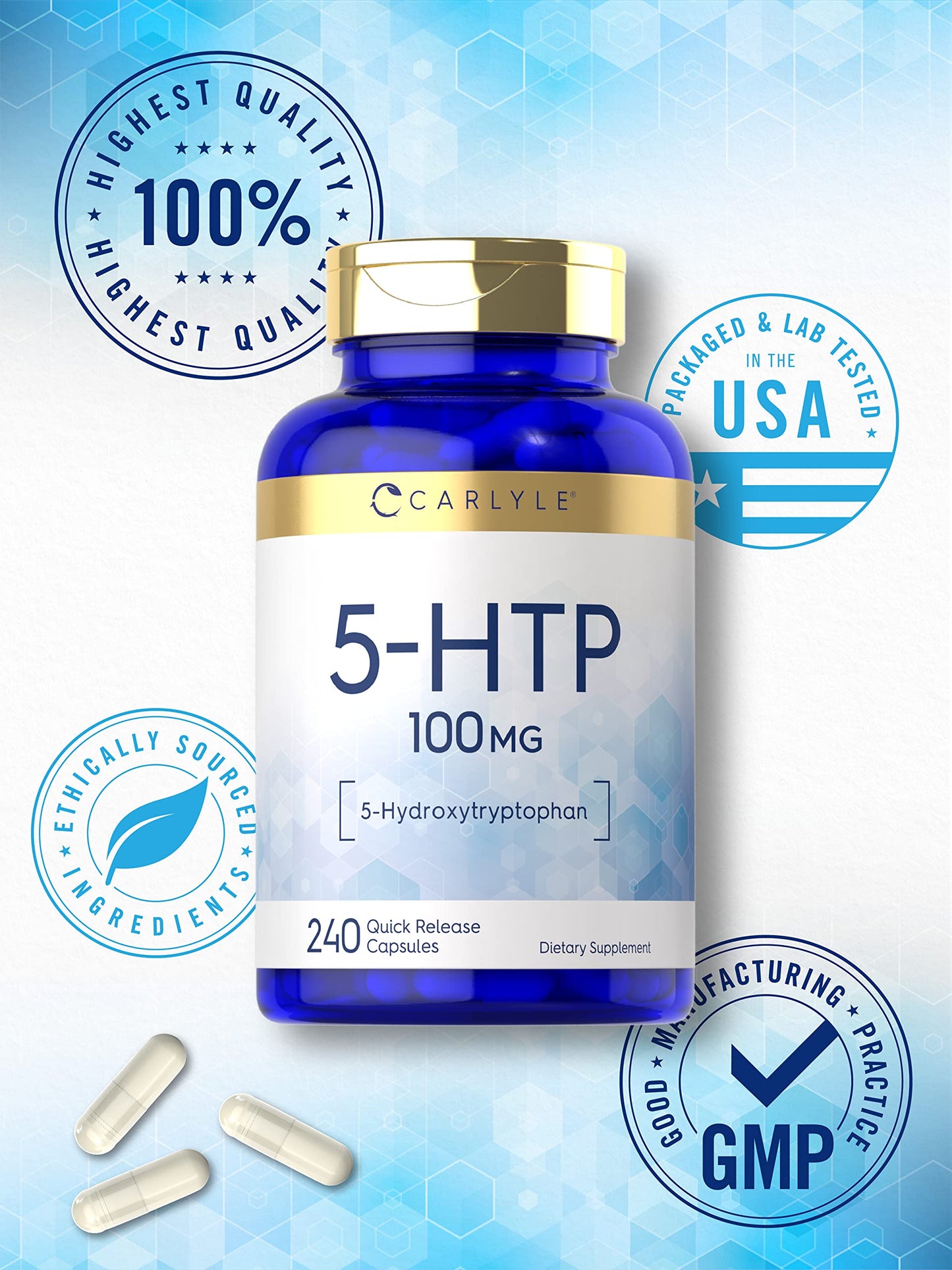 Carlyle 5-HTP 100 mg | 240 Capsules | Non-GMO & Gluten Free | 5-Hydroxytryptophan Supplement