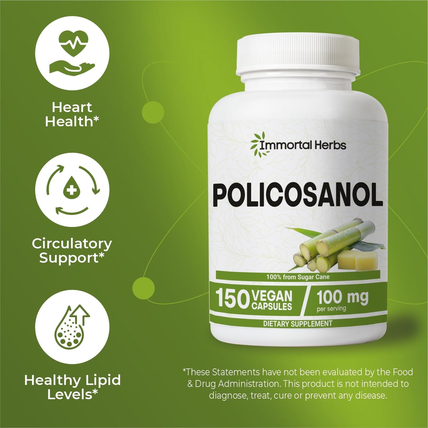 Immortal Herbs Policosanol 100mg Capsules – Sugar Cane-Derived, 150 Vegan Pills, Non-GMO & Gluten-Free
