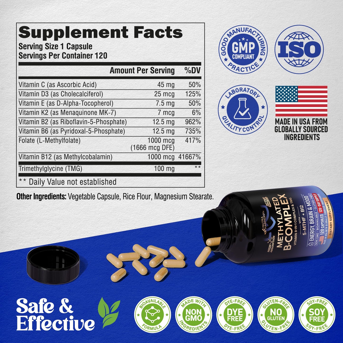 Vitamin B Complex Methylated – 9-in-1 B Vitamins for Energy, Brain & Mood | Vegan | Made in USA | 120 Capsules
