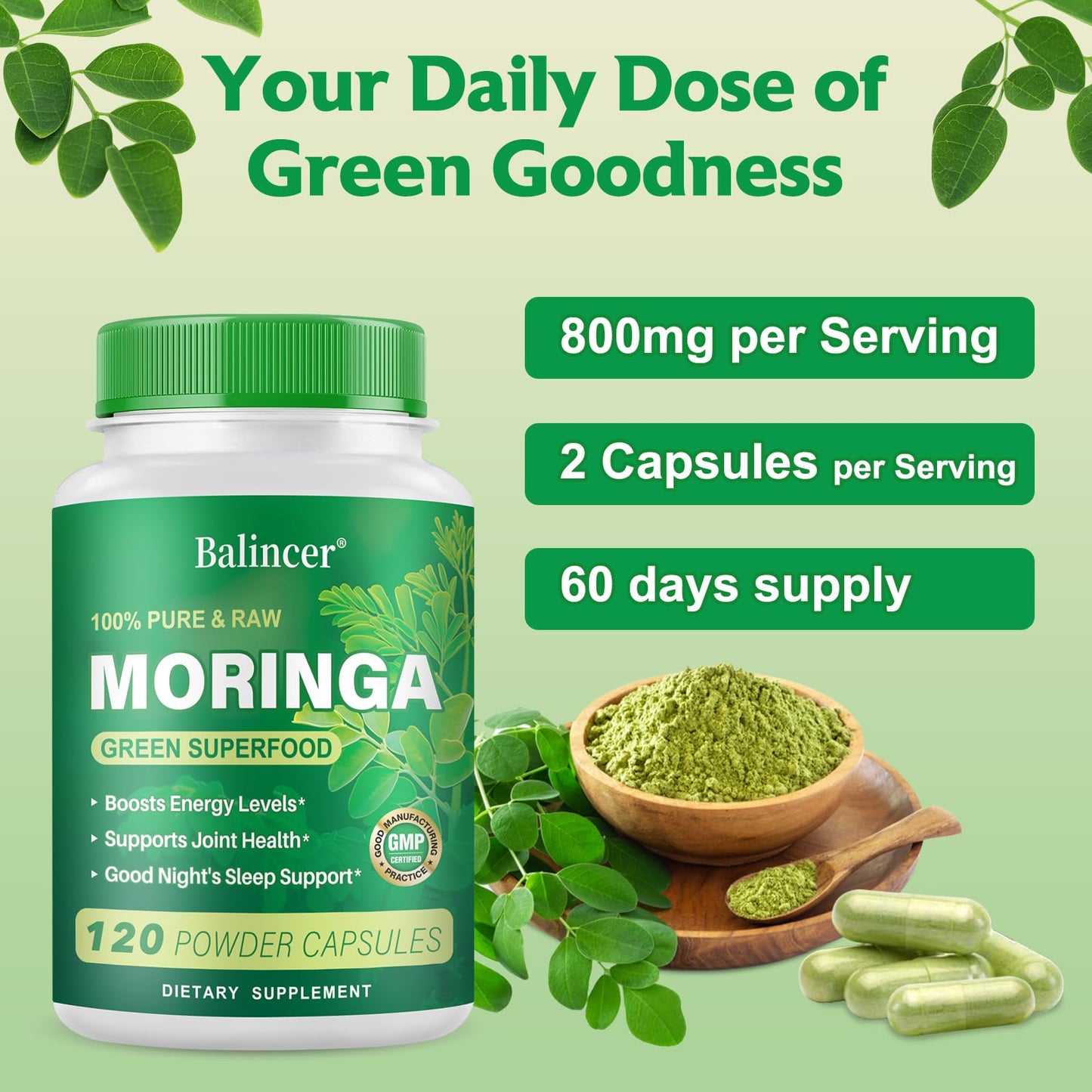 Moringa Powder Capsules | Pure Moringa Leaf – 800mg per Capsule, 120 Vegan Capsules
