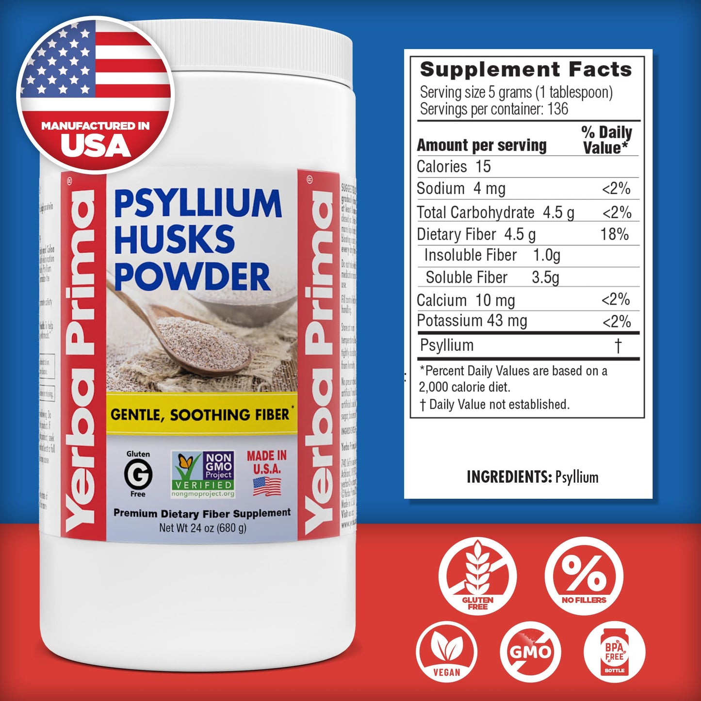 Yerba Prima Psyllium Husk Powder 24oz - Fine Ground, Unflavored, Sugar Free