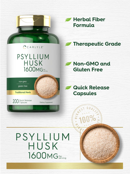 Carlyle Psyllium Husk Capsules 1600mg – 200 Count | High Potency Fiber