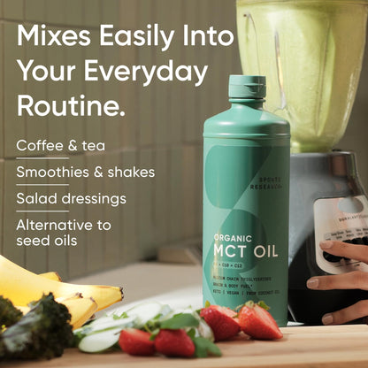 Sports Research Organic MCT Oil - Keto & Vegan MCTs C8, C10 from Coconuts - Fatty Acid Brain & Body Fuel, Non-GMO & Gluten Free - Flavorless Oil, Perfect in Coffee, Tea & Protein Shakes - 32 oz